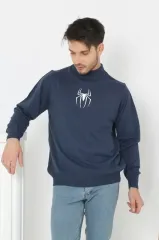 Baskılı Yarım Boğazlı Uzun Kol Dokuma Triko - Indigo