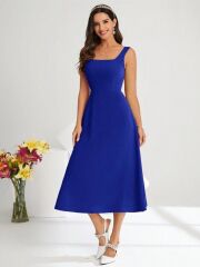 Kadın Askılı Kare Yakalı Midi Ithal Krep Elbise