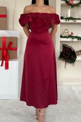 Bordo Omuz Büzgülü Saten Elbise