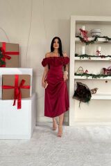 Bordo Omuz Büzgülü Saten Elbise