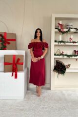 Bordo Omuz Büzgülü Saten Elbise