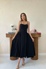 Siyah Göğüs Kuplu Uzun Büzgülü Elbise