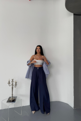 SALAŞ ÖNDEN YIRTMAÇ DETAYLI BEL KEMERLİ PANTOLON - Lacivert