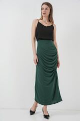 8035 Büzgülü Midi Etek - Zümrüt Yeşili