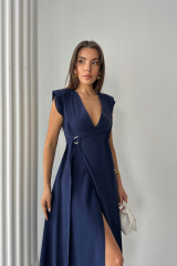 KRUVAZE VATKALI KOLSUZ ELBİSE MODAL KUMAŞ - Lacivert