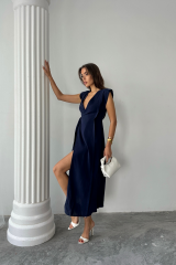 KRUVAZE VATKALI KOLSUZ ELBİSE MODAL KUMAŞ - Lacivert