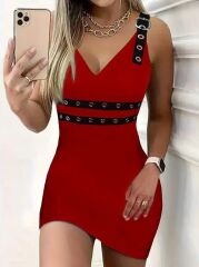 Kadın Askılı Derin V Yakalı Kuş Gözü Detaylı Janjan Krep Elbise