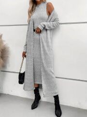 Kadın Uzun Kollu Yarı Balıkçı Yaka şardonlu Dalgıç Elbise Ve Uzun Hırka Ikili Takım