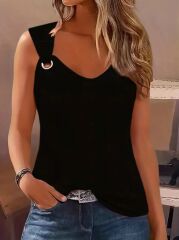 Kadın Askılı V Yaka Kuş Gözü Detaylı Viskon Bluz