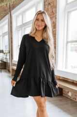 Kadın Uzun Kollu V Yaka Eteği Büzgülü Kloş Iki Iplik Mini Boy Elbise