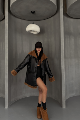 DERİ MONT KOL VE YAKA PELUŞ KAPAKSIZ CEP DETAYLI - Siyah-Taba