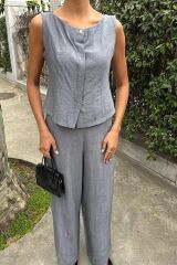 Sıfır Kollu Bluz Batik Desenli Pantolon İkili Takım 10181-08