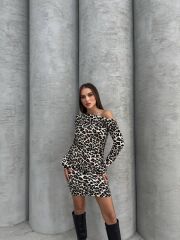 Kadın Uzun Kollu Leopar Desen Omuz Dekolteli Mini Elbise