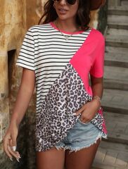 Kadın Süprem Kumaş Leopar Desenli Ve Cizgili Oversize Bluz