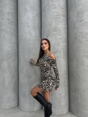 Kadın Uzun Kollu Leopar Desen Omuz Dekolteli Mini Elbise