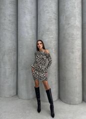 Kadın Uzun Kollu Leopar Desen Omuz Dekolteli Mini Elbise