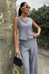 Sıfır Kollu Bluz Batik Desenli Pantolon İkili Takım 10181-08