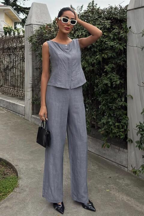 Sıfır Kollu Bluz Batik Desenli Pantolon İkili Takım 10181-08