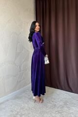 Mor Göğüs Altı Taşlı Elbise