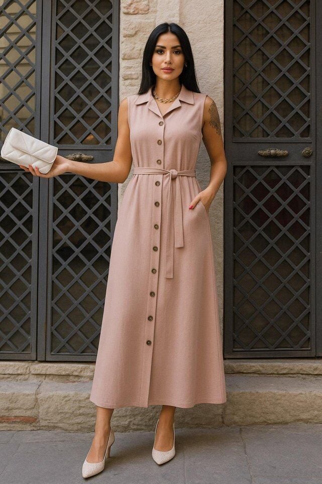 Kadın Düğme Detay Kuşak Dahil Elbise
