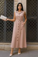 Kadın Düğme Detay Kuşak Dahil Elbise