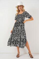 2512 Desenli Yırtmaçlı Elbise - D. Siyah