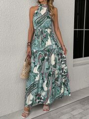 Kadın Halter Yakalı Omuzlardan Açık Kuşaklı Maksi Boy Desenli Süprem Elbise