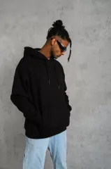 Erkek Düz Kapüşonlu Sweat - Siyah