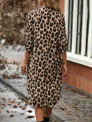 Kadın Leopar Desenli Cep Detay Kolu Manşetli Moskrep Gömlek Elbise