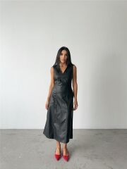 ASKILI DERİ ELBİSE ŞANEL BOY - Siyah