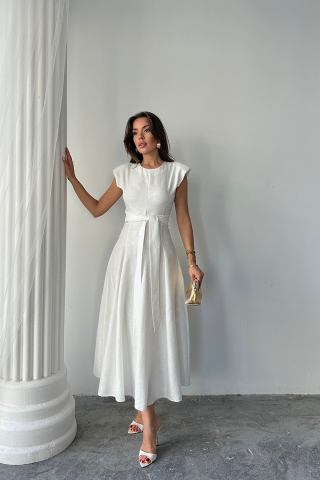 JAKAR KETEN VATKALI ELBİSE - Beyaz