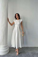 JAKAR KETEN VATKALI ELBİSE - Beyaz