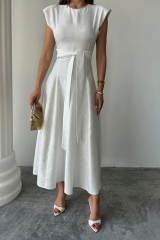 JAKAR KETEN VATKALI ELBİSE - Beyaz