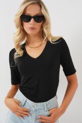 V Yaka Kısa Kol Basic Bluz 955 - Siyah