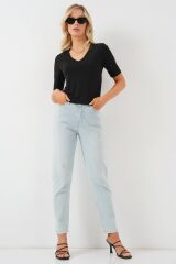 V Yaka Kısa Kol Basic Bluz 955 - Siyah