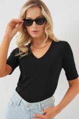 V Yaka Kısa Kol Basic Bluz 955 - Siyah