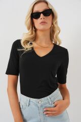 V Yaka Kısa Kol Basic Bluz 955 - Siyah