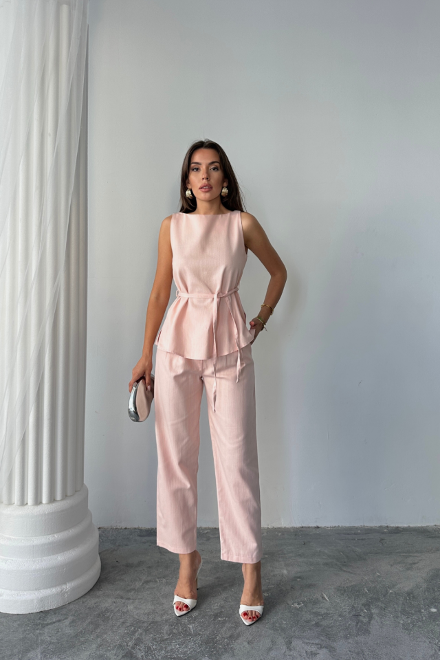 KETEN BLUZ - PANTOLON TAKIM MASSİMO MODELSCREAT KUMAŞ - Pudra