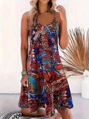 Kadın Ip Askılı V Yakalı Desenli Kısa Süprem Elbise