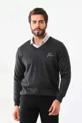 Baskılı V Yaka Uzun Kol Dokuma Triko - Füme