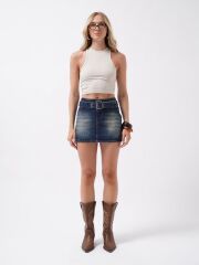 Kemer Detay Denim Mini Etek