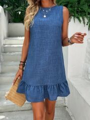 Kadın Kolsuz Bisiklet Yaka Fırfırlı Sofya Elbise