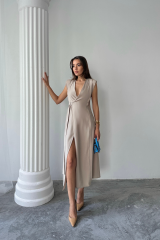 KRUVAZE VATKALI KOLSUZ ELBİSE MODAL KUMAŞ - Bej