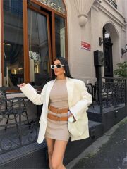 POLYVİSCON ÇİFT KEMER DETAYLI ELBİSE - Bej