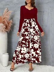 Kadın Uzun Kollu Yaka Açık üst Kaşkorse Beli Kuşaklı Alt çiçek Baskılı Dalgıç Elbise