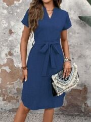 Kadın Kısa Kollu V Hakim Yaka Belden Kuşaklı Valencia Elbise