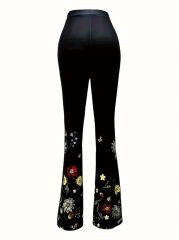 Kadın Yüksek Belli çiçek Desenli Ispanyol Paçalı Dalgıç Tayt Pantolon
