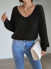 Kadın Uzun Kollu V Yakalı Pencere Sırt Dantel Detaylı Kalın Fitilli Kaşkorse Bluz