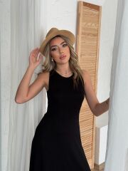 Kadın Arkadan çapraz Detay Yuvarlak Yaka Maksi Viskon Elbise