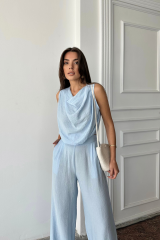 DEGAJE YAKA KOLSUZ BLUZ - PANTOLON TAKIM - Mavi